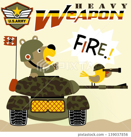 Funny bear with little bird wearing military helmet on armored vehicle, vector cartoon illustration Funny bear with little bird wearing military helmet on armored vehicle, vector cartoon illustration 139037856