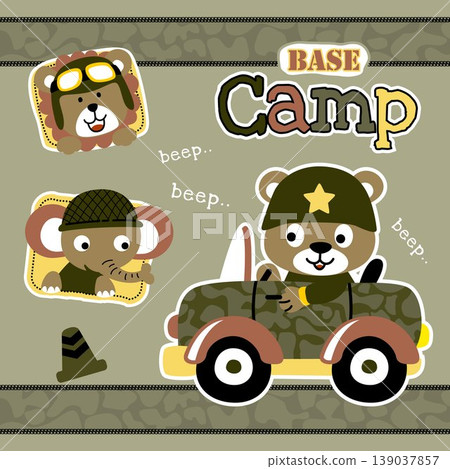 Cute bear driving military car, lion with elephant wearing military cap, vector cartoon illustration Cute bear driving military car, lion with elephant wearing military cap, vector cartoon illustration 139037857