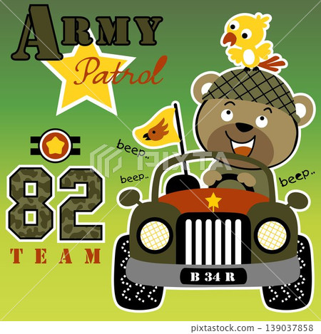 Little bear with bird on military car, military elements, vector cartoon illustration Little bear with bird on military car, military elements, vector cartoon illustration 139037858