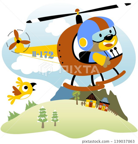 Cute bear on helicopter with little bird flying across village, vector cartoon illustration 139037863