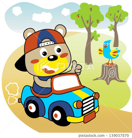 Cute bear driving car, little bird perching on tree stump, vector cartoon illustration Cute bear driving car, little bird perching on tree stump, vector cartoon illustration 139037870