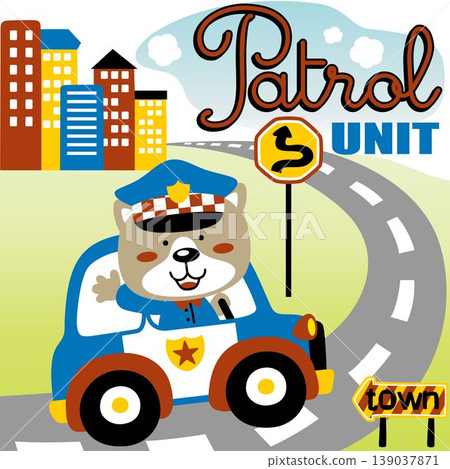 Cute bear driving police car in city road, vector cartoon illustration Cute bear driving police car in city road, vector cartoon illustration 139037871