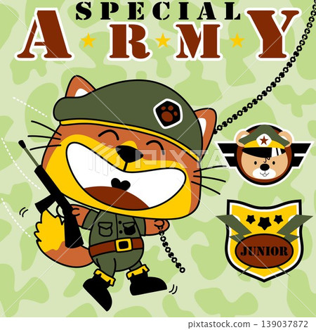 Little fox in military uniform with bear head and military logo, vector cartoon illustration Little fox in military uniform with bear head and military logo, vector cartoon illustration 139037872