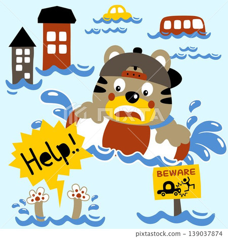 Funny cat on inflatable ring in flooding, vector cartoon illustration 139037874