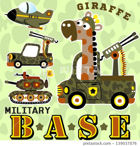Funny giraffe on military truck, military vehicles on camouflage background, vector cartoon illustration 139037876