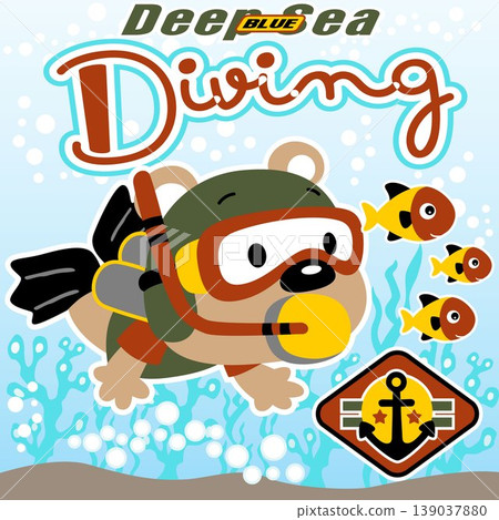 Cute bear diving with marine animals, vector cartoon illustration 139037880