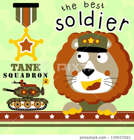 Funny lion in military costume with armored vehicle, military elements, vector cartoon illustration Funny lion in military costume with armored vehicle, military elements, vector cartoon illustration 139037881