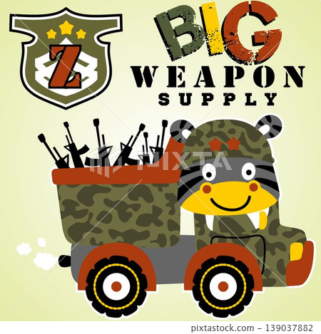 Cute zebra driving military truck with weapons, military element, vector cartoon illustration Cute zebra driving military truck with weapons, military element, vector cartoon illustration 139037882