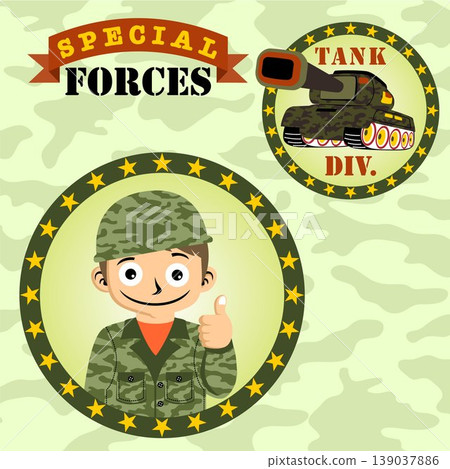 Young soldier with armored vehicle on camouflage background, vector cartoon illustration Young soldier with armored vehicle on camouflage background, vector cartoon illustration 139037886