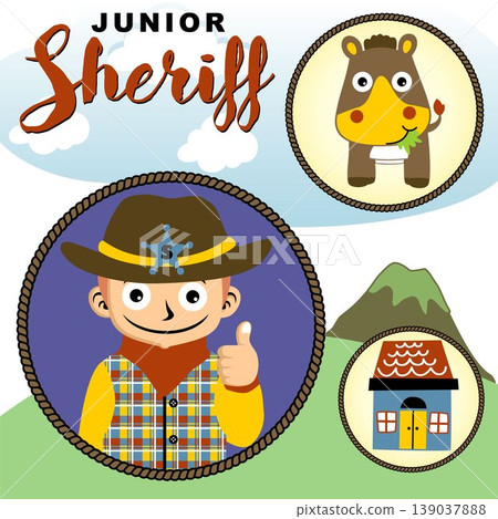 Funny young boy in sheriff costume with cute horse and home, vector cartoon illustration Funny young boy in sheriff costume with cute horse and home, vector cartoon illustration 139037888