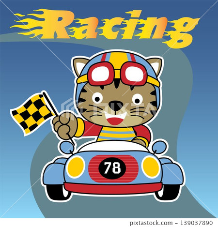 Funny cat on racing car, vector cartoon illustration 139037890
