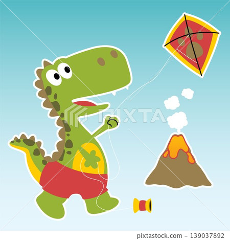 Cute dinosaur playing kite, vector cartoon illustration 139037892