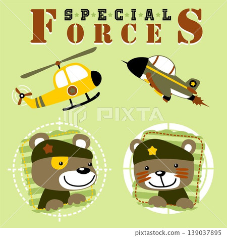 Cute bear in military uniform with military aircraft, vector cartoon illustration Cute bear in military uniform with military aircraft, vector cartoon illustration 139037895