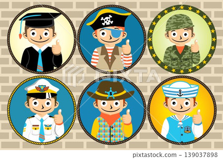 set of young boy in different costume on bricks background, vector graphics set of young boy in different costume on bricks background, vector graphics 139037898