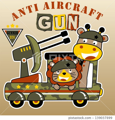 Funny lion and giraffe on military vehicle with gun, vector cartoon illustration Funny lion and giraffe on military vehicle with gun, vector cartoon illustration 139037899