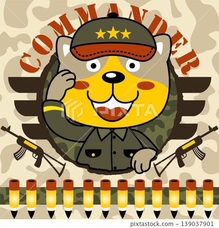 Funny cat in soldier uniform on camouflage background, vector cartoon illustration 139037901
