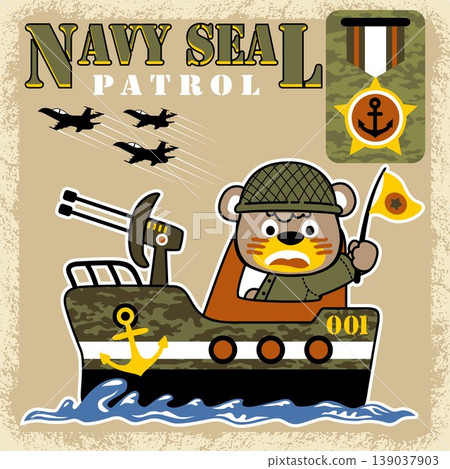 Funny bear on warship, military element, vector cartoon illustration 139037903