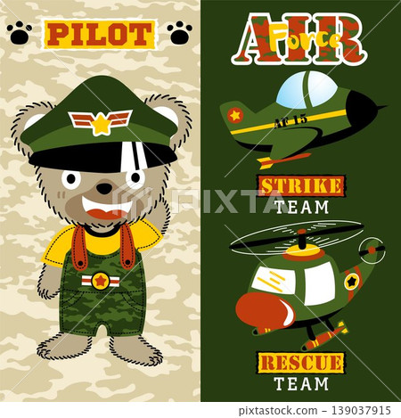 Cute bear in pilot costume with military aircraft, vector cartoon illustration Cute bear in pilot costume with military aircraft, vector cartoon illustration 139037915