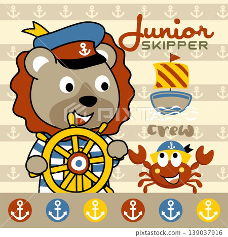 Cute lion in sailor costume holding steering wheel with crab, sailing elements, vector cartoon illustration Cute lion in sailor costume holding steering wheel with crab, sailing elements, vector cartoon illustration 139037916