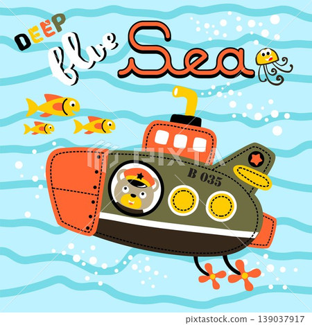 Cute bear in submarine with marine animals, vector cartoon illustration 139037917
