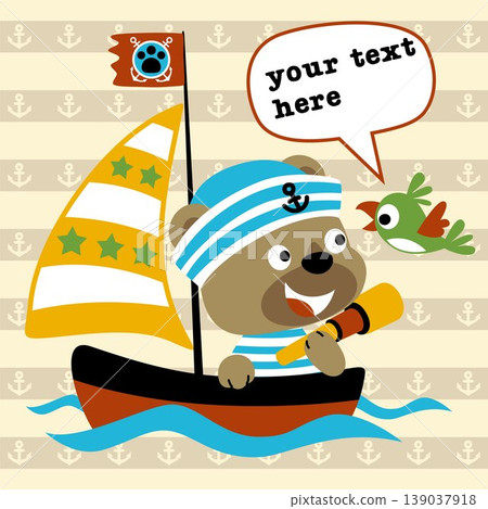 Cute bear in sailor costume on sailboat with little bird on striped anchor background, vector cartoon illustration 139037918
