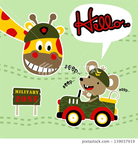 Cute giraffe wearing military beret, little mouse driving military car, vector cartoon illustration Cute giraffe wearing military beret, little mouse driving military car, vector cartoon illustration 139037919