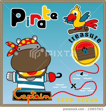 Cute hippo in pirate costume with parrot, pirate elements, vector cartoon illustration Cute hippo in pirate costume with parrot, pirate elements, vector cartoon illustration 139037921