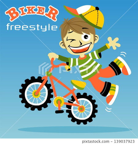 vector cartoon of funny boy the freestyle biker vector cartoon of funny boy the freestyle biker 139037923