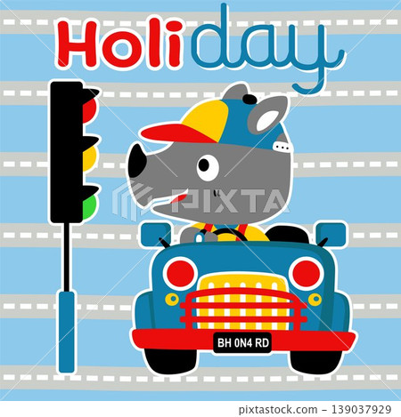 Little rhino driving car with stoplight, vector cartoon illustration 139037929