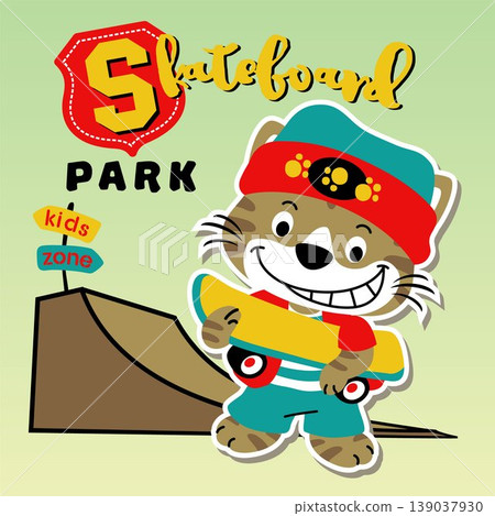 Funny cat holding skateboard, vector cartoon illustration Funny cat holding skateboard, vector cartoon illustration 139037930