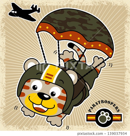 Funny cat the paratroopers with airplane, vector cartoon illustration 139037934