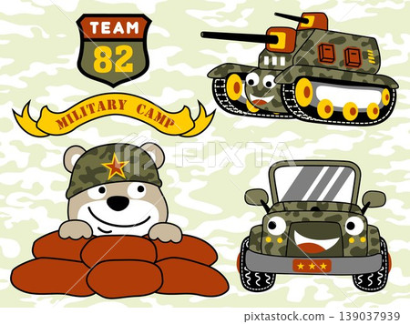 Vector illustration of cartoon funny bear soldier with armored vehicles, military elements 139037939