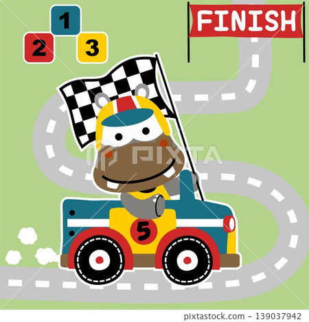 Cute hippo driving racing car, vector cartoon illustration Cute hippo driving racing car, vector cartoon illustration 139037942