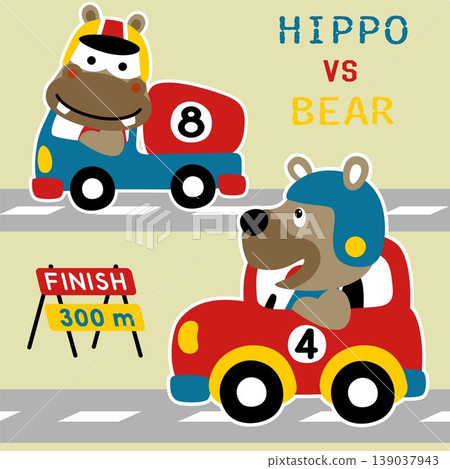 Cute bear and hippopotamus on racing car, vector cartoon illustration 139037943
