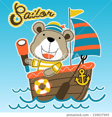 Cute bear in sailor costume with binocular on sailboat, vector cartoon illustration 139037945