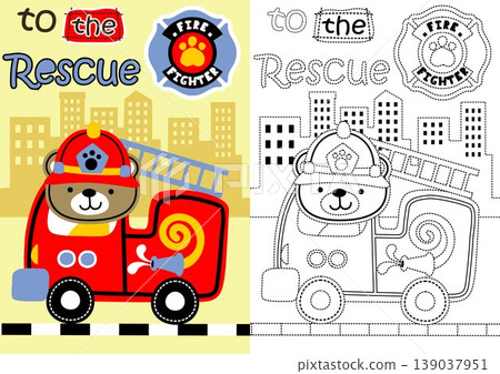 vector cartoon of cute bear driving firetruck, coloring book or page vector cartoon of cute bear driving firetruck, coloring book or page 139037951
