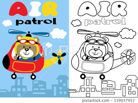 vector cartoon of helicopter with funny bear pilot, coloring book or page vector cartoon of helicopter with funny bear pilot, coloring book or page 139037952