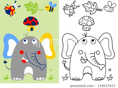 cute elephant with bugs and mushroom, coloring book or page, vector cartoon illustration cute elephant with bugs and mushroom, coloring book or page, vector cartoon illustration 139037953