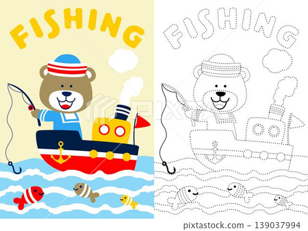 vector cartoon of bear in sailor costume fishing on the boat, coloring book or page 139037994