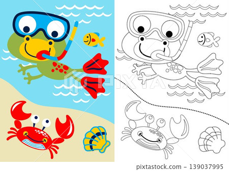 vector cartoon of frog wearing goggles diving with marine animals, coloring book or page vector cartoon of frog wearing goggles diving with marine animals, coloring book or page 139037995
