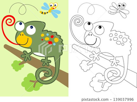 vector cartoon of chameleon on tree branches try to catch a dragonfly, coloring book or page vector cartoon of chameleon on tree branches try to catch a dragonfly, coloring book or page 139037996