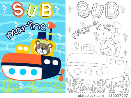 vector cartoon of cute bear on submarine, coloring book or page vector cartoon of cute bear on submarine, coloring book or page 139037997