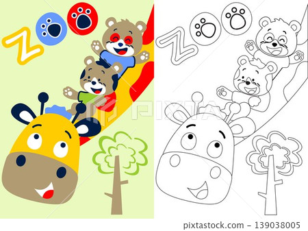 vector cartoon of cat and bear sliding on giraffe's neck, coloring book or page vector cartoon of cat and bear sliding on giraffe's neck, coloring book or page 139038005