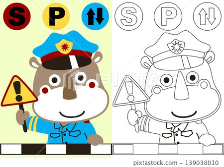vector cartoon of cute rhinoceros in traffic cop uniform with road sign, coloring book or page vector cartoon of cute rhinoceros in traffic cop uniform with road sign, coloring book or page 139038010