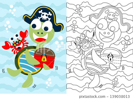 vector cartoon of crab with turtle wearing pirates cap holding treasure chest, coloring book or page vector cartoon of crab with turtle wearing pirates cap holding treasure chest, coloring book or page 139038013