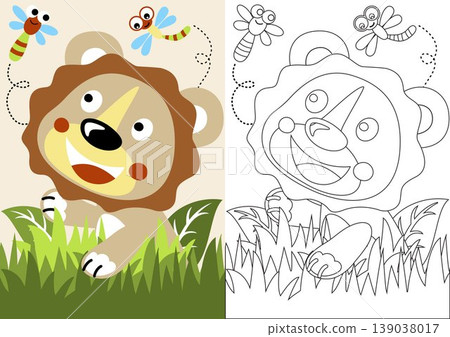 vector cartoon of lion playing with dragonfly, coloring book or page 139038017