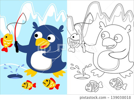 vector cartoon of cute penguin fishing, coloring book or page 139038018
