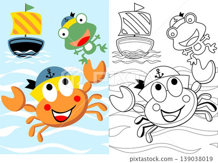 vector cartoon of cute crab and frog wearing sailor cap with sailboat, coloring book or page 139038019