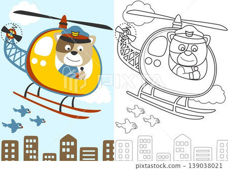 vector cartoon of funny cat on helicopter with birds, coloring book or page 139038021