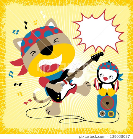 vector cartoon of funny cat with penguin in music concert vector cartoon of funny cat with penguin in music concert 139038027